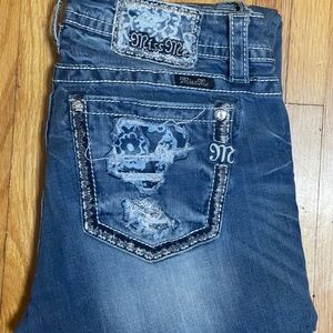 Miss Me Distressed Blue Jeans with Floral Accents